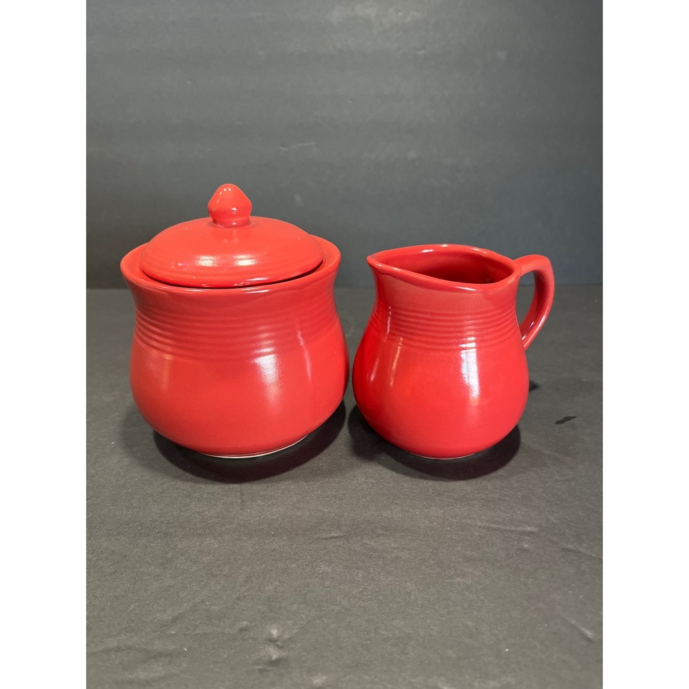 NorthCrest Red Ceramic Sugar Bowl and Creamer Set Ribbed Stoneware Glossy